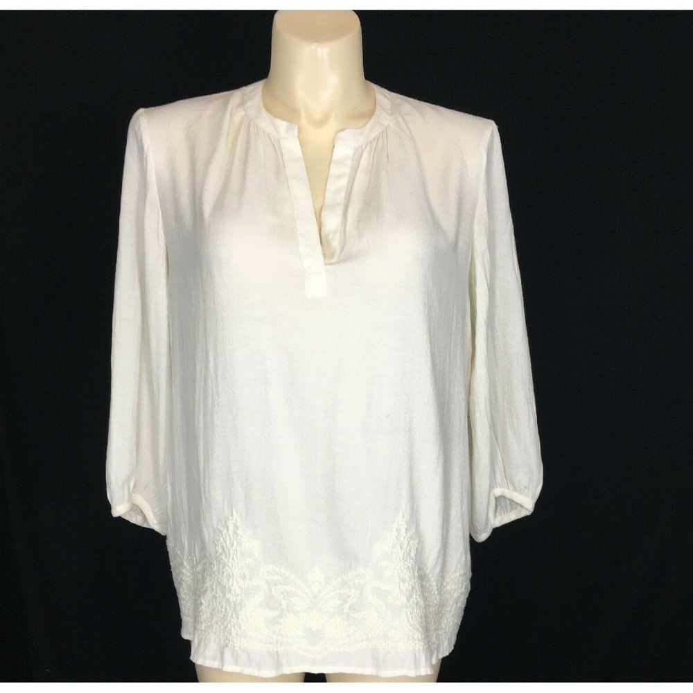 Banana Republic Peasant Top LARGE Off White Viscose Bl Embroider Hem 3/4 Sl